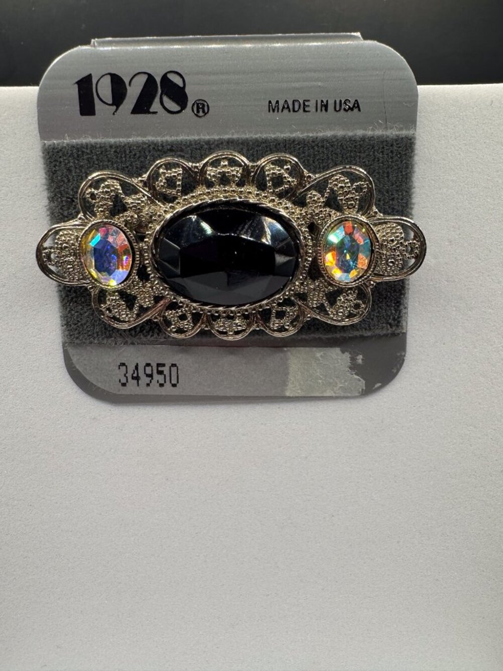 1928 Jewelry Black Faceted Stone Aurora Borealis Filigree Brooch Pin Made USA  B